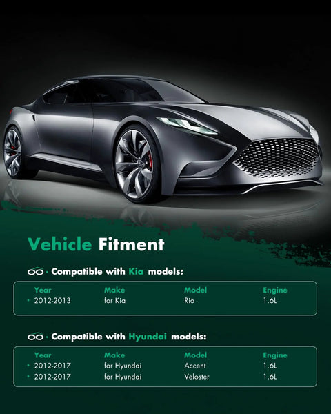 Image of a gray sports car highlighting compatibility for Kia Rio and Hyundai Accent, Veloster models with 1.6L engines.