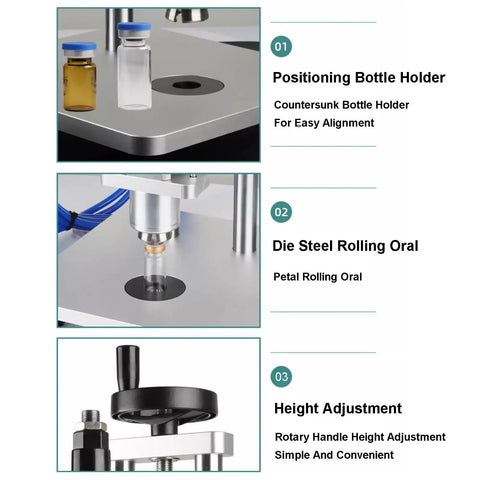 Heavy Duty Pneumatic Vial Crimper Machine For Aluminum Plastic Bottles Semi Automatic Sealer with positioning bottle holder and height adjustment.