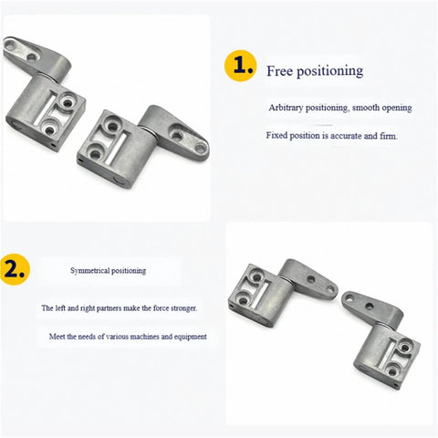 2 Pack Zinc Alloy Damping Hinge Set With 360 Degree Rotatable Torque Shaft For Cabinet And Gate Friction Hinges 0.56 Nm Right Hand Smooth Self Closing Quiet Operation, featuring metal hinges on white background with free and symmetrical positioning descriptions