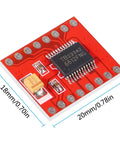 TB6612FNG Dual DC Motor Driver Module for two motors, red PCB board, 18mm by 20mm dimensions, robotics projects.