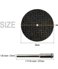 Front view of a 1-1/4 inch reinforced fiberglass cut-off wheel with a 1/8 inch (3 mm) mandrel for rotary tools.