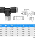 Push To Connect Female Branch Tee Fittings 1/4 Inch Tube OD To 1/4 Inch NPT Thread For Pneumatic Systems displayed with dimensions
