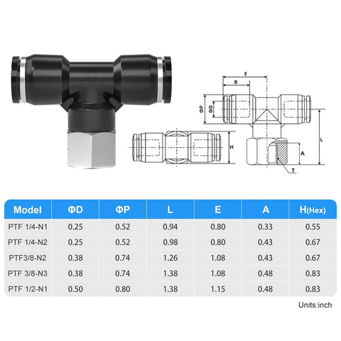 Push To Connect Female Branch Tee Fittings 1/4 Inch Tube OD To 1/4 Inch NPT Thread For Pneumatic Systems displayed with dimensions