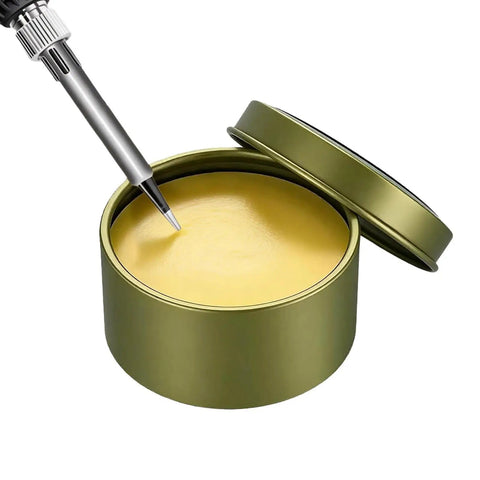 Open tin of All Purpose Solder Flux Paste 100g For Electronics And PCB Repair Lead Free Formula with soldering iron tip