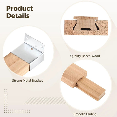 Two Pack Wood Drawer Slides for Kitchen and Furniture, Beech Wood Center Guide Track With Metal Bracket Support, 15.7 Inch