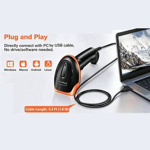 2D USB Wired Barcode Scanner With Plug And Play Setup For 1D And 2D Codes, Fast CCD Image Reading, Great For POS Retail