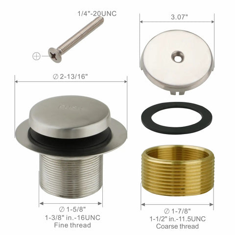Brushed Nickel Tub Drain Conversion Kit With 1 Hole Overflow Faceplate And Adapter, components with measurements