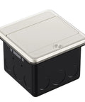 Pop Up Floor Outlet Box With 15 Amp Tamper Resistant Receptacle And Type A USB 5V 5.0A And Type C USB Corrosion Resistant Hardware ETL Listed Brushed Nickel Finish 4x4 Floor Box Kit With Flip Up Cover No Fuss closed view
