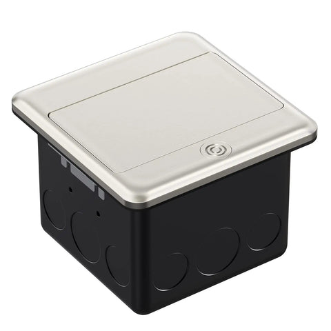 Pop Up Floor Outlet Box With 15 Amp Tamper Resistant Receptacle And Type A USB 5V 5.0A And Type C USB Corrosion Resistant Hardware ETL Listed Brushed Nickel Finish 4x4 Floor Box Kit With Flip Up Cover No Fuss closed view