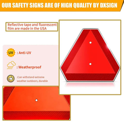 Premium Quality Heavy Duty Aluminum Slow Moving Vehicle Triangle Safety Sign features retro reflective property and weatherproof design.