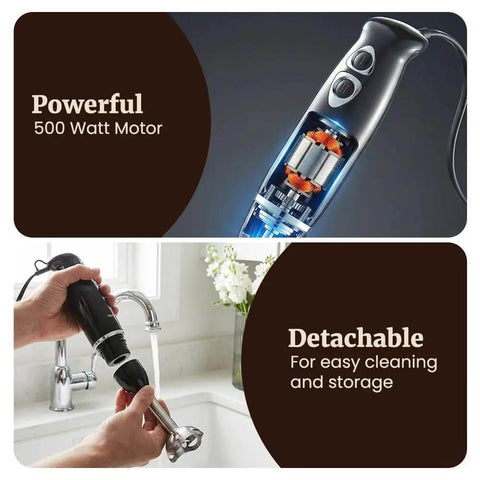Boost Your Meal Prep Hustle With This Badass 500W Immersion Hand Blender Rocking Two Slick Speeds And A Matte Black Grip, revealing powerful motor and detachable feature.
