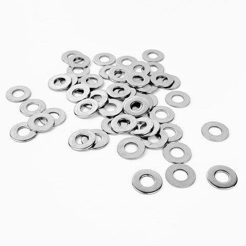 Top view of 25 pieces 5/16 inch stainless flat washers, 11/16 inch outer diameter, 18-8 (304) stainless