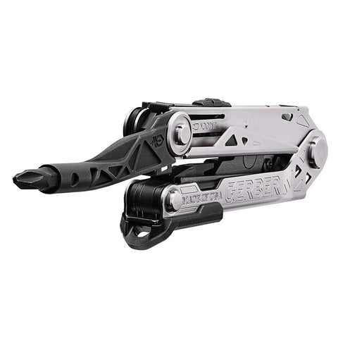 Center Drive Multitool With 12 Piece Bit Set Outboard Knife Pliers Pry Bar Bottle Opener And Awl Includes Pro Grade Sheath Silver And Black