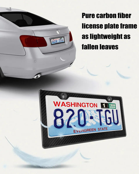 Full Real Carbon Fiber License Plate Frame For Cars Two Hole Auto Tag Holder, showcasing a glossy frame with a Washington license plate.