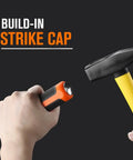 Close-up of hand holding Black and Orange Heavy Duty Pry Bar Set 8 12 18 24 Inch Four Piece Mechanic Hand Tools with hammer.