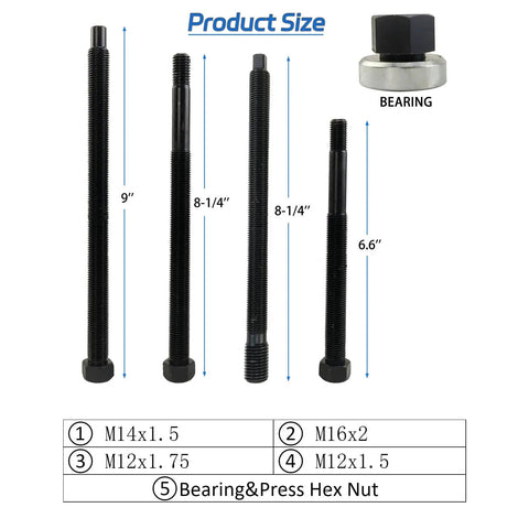 Five-Piece Long Reach Harmonic Balancer Installer Kit with various thread sizes and length indicators for M16x2.0, M12x1.75, M14x1.5, M12x1.5.