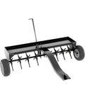 48-Inch Tow Behind Plug Aerator with 150 lb weight tray, 24 steel tines, inflatable wheels, universal hitch for ATVs and lawn tractors.