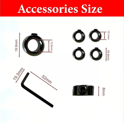 Sizes of accessories in Must Have Countersink Drill Bit Set For Woodworking, 5 Pc Adjustable Counter Sink Bits with hex key shown.
