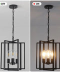 Straight Up Matte Black 3 Light Farmhouse Chandelier With Adjustable Height And Solid Metal Cage Build shown in off/on states.
