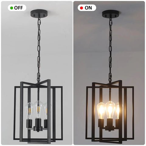 Straight Up Matte Black 3 Light Farmhouse Chandelier With Adjustable Height And Solid Metal Cage Build shown in off/on states.