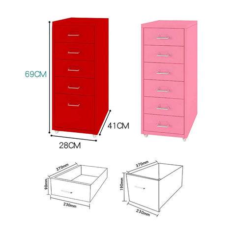 Modern Metal Rolling File Cabinet with Five Drawers, Red and Pink Steel, Dimensions 69x41x28cm for Home Office Garage Workshop