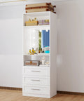 Modular closet organizer with LED mirror, three drawers, dual shelves for storage, sleek white design, stylish and functional.