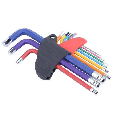 9 Piece Chrome Steel Hex Socket Wrench Set Color Coded CRV Heavy Duty Wrenches arranged in a tool holder showing various colors.