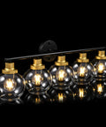 Mid Century Modern Bathroom Vanity Light Fixture With Clear Globe Glass Shades Five Light Black And Brass Gold Wall Sconce Over Mirror 36 Inch Vintage Style Bath Lighting Bulbs Not Included