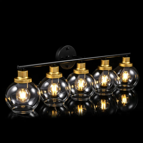 Mid Century Modern Bathroom Vanity Light Fixture With Clear Globe Glass Shades Five Light Black And Brass Gold Wall Sconce Over Mirror 36 Inch Vintage Style Bath Lighting Bulbs Not Included