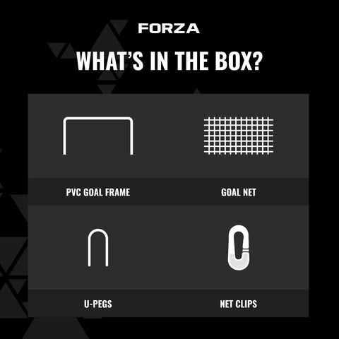 Image showing contents: PVC goal frame, goal net, U-pegs, net clips for 8ft by 6ft All Weather Soccer Goal With Durable uPVC Frame.