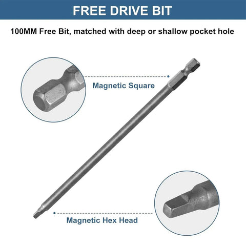 Free drive bit for Pocket Hole Screws Assortment Kit With 390 Pieces In Four Sizes, highlighting magnetic square and hex head features.