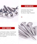 Number 8 304 Stainless Steel Phillips Truss Head Self Tapping Sheet Metal Screws in close-up, showcasing deep threads and smooth finish