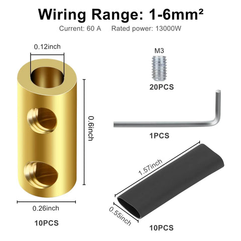 10 Pack 10AWG Wire Connector Nut Kit With Brass Heat Shrink Butt Connectors, screw, wrench, and heat shrink tube; sizes shown