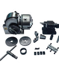 Heavy Duty Rock Solid Six Inch Semi Indexing Dividing Head With Three Jaw Tailstock Chuck For Cnc Milling Shops and Knuckle Bashers Built Killa Tough For The Daily Grind, showing all components.