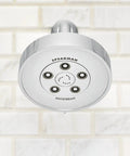 Neo Anystream High Pressure Adjustable Shower Head 2.5 GPM Polished Chrome with Custom Spray Patterns in a tiled bathroom