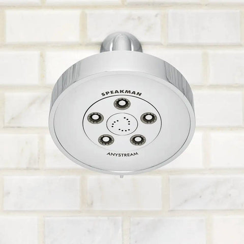 Neo Anystream High Pressure Adjustable Shower Head 2.5 GPM Polished Chrome with Custom Spray Patterns in a tiled bathroom