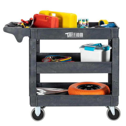 Side view of a fully loaded Heavy Duty Plastic Utility Cart With Wheels 550 Lb Capacity Three Tier Rolling Storage Organizer for garage