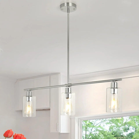 Three Light Kitchen Island Pendant In Brushed Nickel With Glass Shade, 31 Inch Modern Linear Chandelier in kitchen setting
