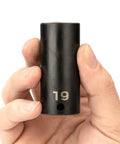 Shop Essential Six Point Deep Impact Socket Engineered For A Three Eighth Inch Drive To Firmly Lock Metric Nineteen Millimeter Fasteners.