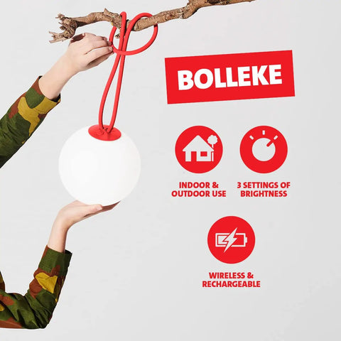 Bolleke Red Indoor Outdoor LED Lantern Cordless Rechargeable Light for Patio showing features and red design