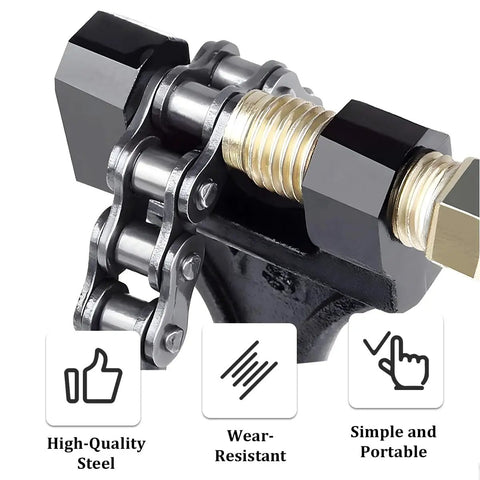 Close-up of Built Tough Motorcycle Chain Breaker Tool Adjustable from 420 to 530 Chain Size with solid iron construction.