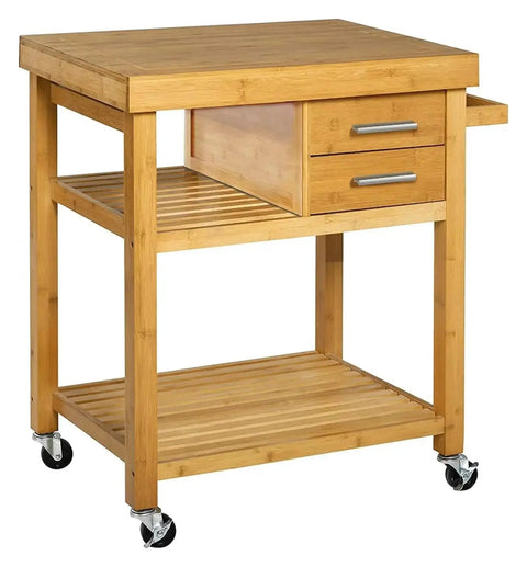 Slick Rolling Kitchen Island Cart With Thick Butcher Block Top Deep Storage Drawers Roomy Open Shelves Handy Towel Rail And Smooth Glide Locking Casters For Stress Free Hosting Prep