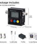 Digital VHF/UHF Antenna Power And SWR Meter with accessories, showing dimensions and included items