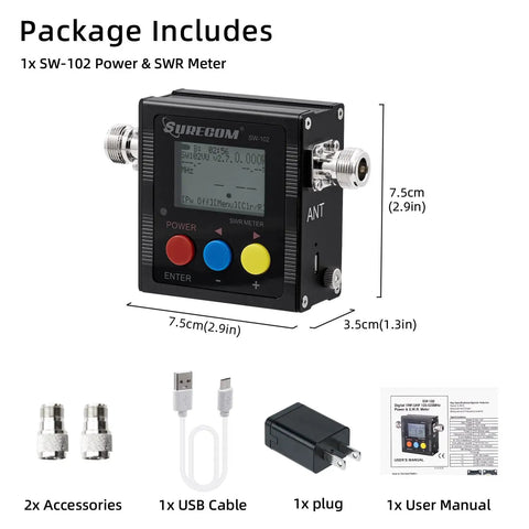 Digital VHF/UHF Antenna Power And SWR Meter with accessories, showing dimensions and included items