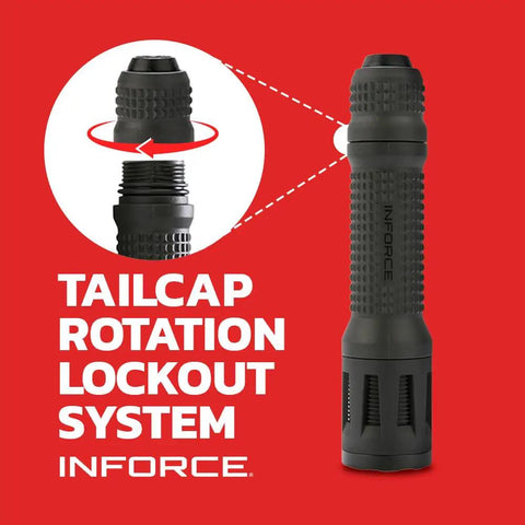 TFX Handheld Flashlight 700 Lumens White Beam, Black Body, Glass-Reinforced Nylon, showing tailcap rotation lockout system