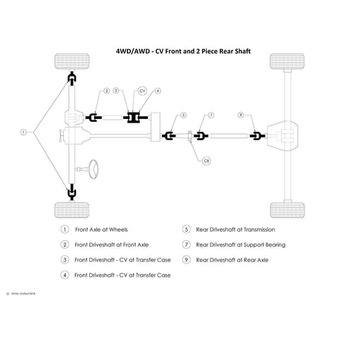 Diagram of 4WD/AWD drivetrain showing U Joint Kit 5 3212X 1555WJ Series ISR universal joint with inside snap ring style.