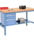 Heavy Duty 72 Inch Workbench With 30 Inch Deep Maple Top And Rugged Steel Frame featuring drawer storage and tools on top.