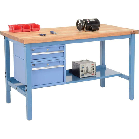 Heavy Duty 72 Inch Workbench With 30 Inch Deep Maple Top And Rugged Steel Frame featuring drawer storage and tools on top.