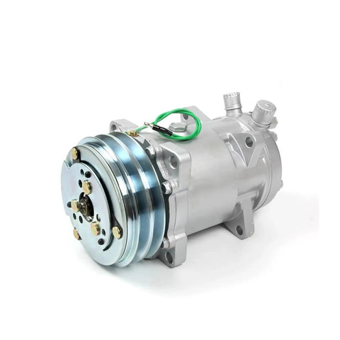 Heavy Duty Air Conditioning Compressor Pump Kit With 2 Groove V Belt Pulley For Tractors Excavators Muscle Cars And Large Trucks Restores Cool Comfort And Cools Your Ride Fast, silver metal compressor front view