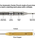 Automatic center punch showing internal components and dimensions with 13.0 cm length and 1.2 cm width, made of pure brass.